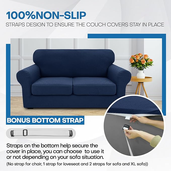 XINEAGE 2025 New 4 Pieces Extra Large Couch Covers for 3 Cushion Sofa Super Stretch Sofa Cover for 3 Large Seat Cushion Universal Slip Cover for Living Room (Navy Blue), 91"-110"(3 Cushions)