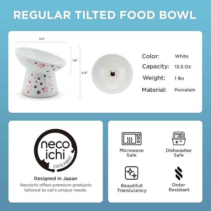 Necoichi Raised Cat Food Bowl – Ceramic Elevated 15° Tilted Cat Bowl for Whisker & Neck Fatigue, Dishwasher Microwave Safe – Non-Slip & Anti Vomiting Ergonomic Design (Sakura, Regular Tilted)