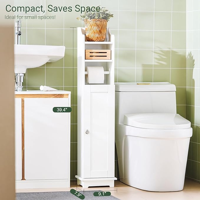 Haotian Corner Toilet Paper Holder Stand, Slim Bathroom Toilet Paper Storage Cabinet Organizer for Small Space, White FRG177-W