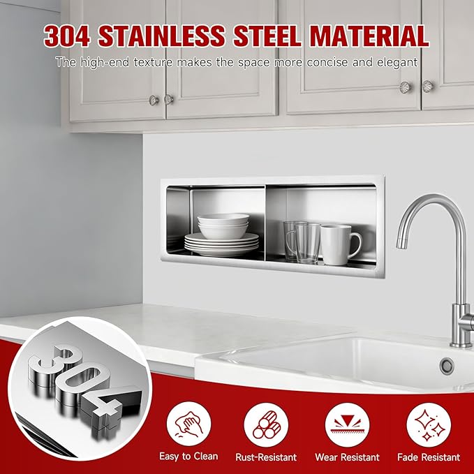 No Tile Needed Shower Niche 9"X 25", Bathroom Wall Niche Double Shelves, Stainless Steel Shower Niche for Bathroom, Kitchens, Balconies