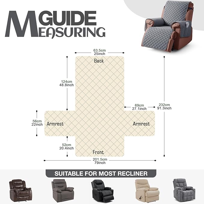 KinCam 100% Waterproof Recliner Chair Cover, Reclining Couch Covers for Pets, Dogs, Recliner Couch Slipcover Furniture Protector with Elastic Straps for Kids(25", Dark Gray)