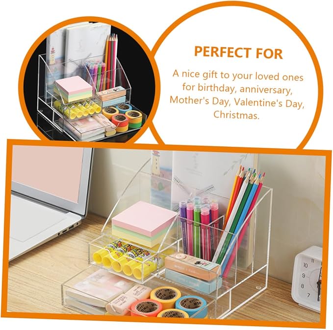 PRETYZOOM Acrylic Makeup Organizer Storage Box Desktop Stationery Organizer Multi-compartment Lipstick Drawer for Home Office
