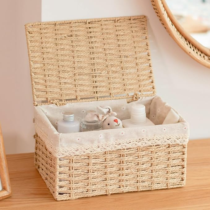 Wicker Shelf Basket with Lid Paper Storage Baskets for Shelves Small Storage Bin with Removable Liner Nesting Decorative Woven Basket for Makeup Closet Organizer (Small, Khaki)