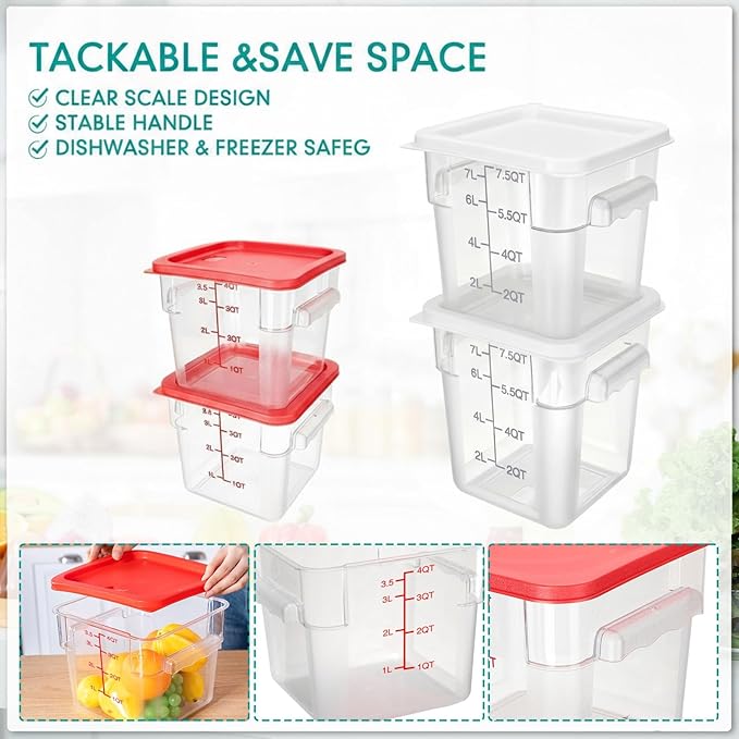 Lallisa 4 Pcs 8qt & 4qt Clear Food Storage Containers with Lids Handles and Scales, Stackable Plastic Square Food Storage Containers for Dough Proofing Baking Kitchen Restaurant(White, Red)