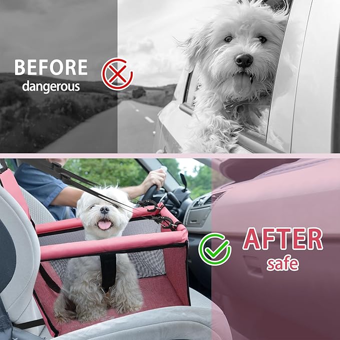 PetsHome Dog Car Seat Foldable Dog Car Booster Seat Waterproof Breathable Oxford Travel Bag for Small to Medium Dogs, Puppies, and Pets-Pure Pink
