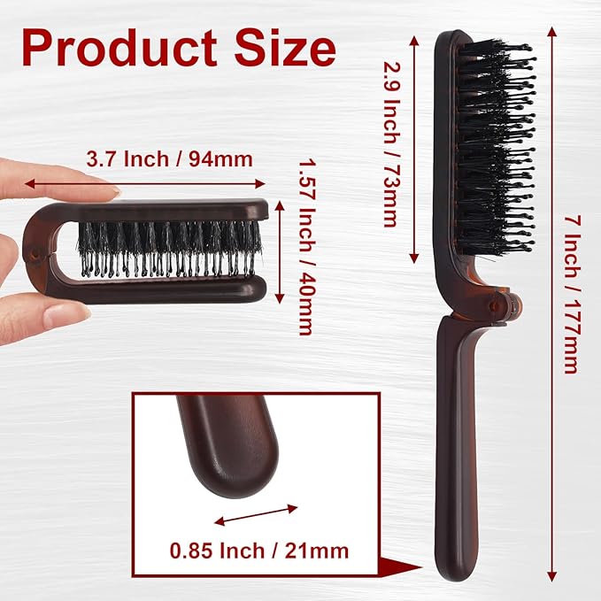 2 Pack Foldable Hair Brush Travel Hairbrush, Boar Bristle Hair Brush Portable Collapsible Pocket Comb for Women and Men, Suitable for Travel, Purse, Anti-Static Design (Amber & Black)