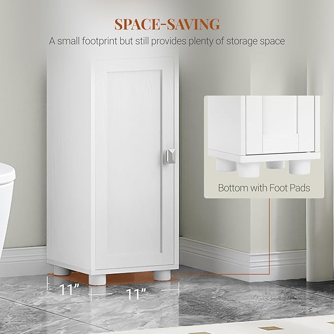 Bathroom Storage Cabinet, Tall Bathroom Cabinet, Freestanding Floor Cabinets with 2 Doors and 1 Drawer, Toilets Organizer with Adjustable Shelf, 1 Hook for Living Room, Kitchen, White 480013X