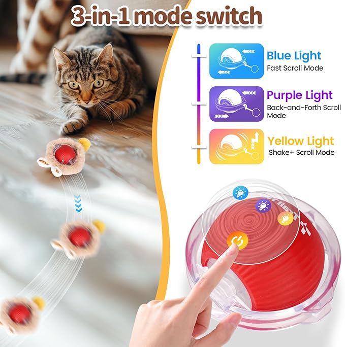 Interactive Cat Toy for Indoor Cats, Rechargeable Kitten Toy for Chasing and Hunting, Hide and Seek Mouse Catching Game with Automatic Motion-Activated Moving Ball
