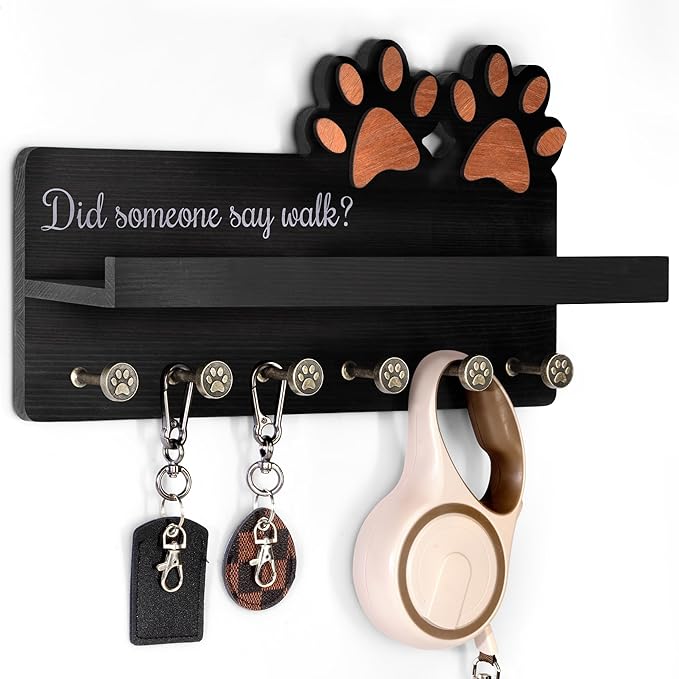 MTERSN Decorative Dog Leash Holder for Wall - Dog Accessories Organizer with Floating Shelf & 6 Hooks for Home Decor - The Cute Key Holder Wall Mount for Dogs Lover Gifts (Black)