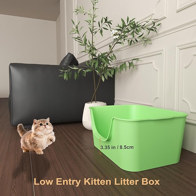 Low Entry Cat Litter Box with High Sides - Open-Top Anti-Splash, Durable Easy-Clean Pan for Kittens, Munchkin Cats, Senior Medium-Sized Cats & Small Pets (Rabbits), 19.3”x13.3”x7.8” Green