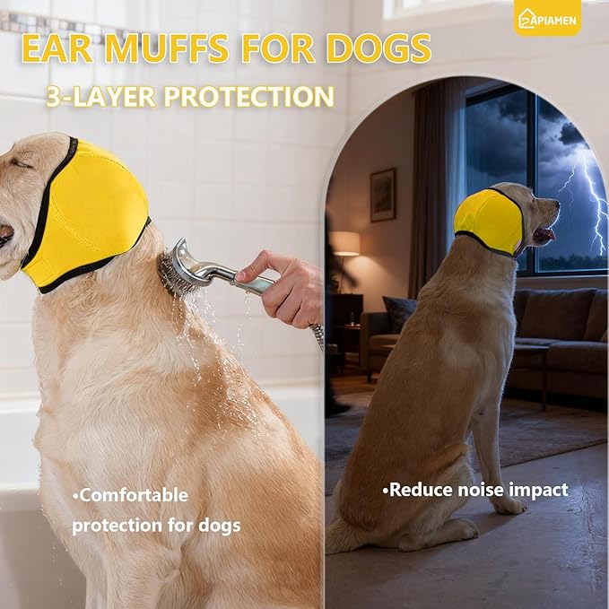 Dog Ear Cover for Hematoma,Bathing,Grooming,Drying,Fashion No Shake Ear Wraps for Dogs Ear Muffs Noise Protection Anxiety Relief,Waterproof Dog Calming Hoodie Shower Cap(Yellow,M)