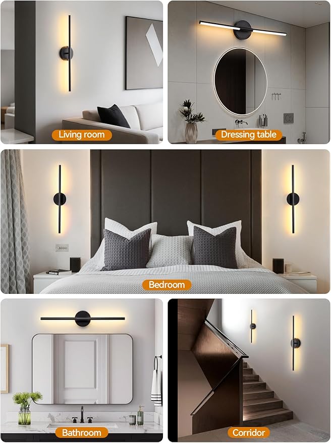 Battery Operated Wall Sconce, Modern Wireless Wall Lights with Remote & Touch Control, 24 Inch Black Dimmable Rechargeable LED Wall Lamps with 3 Colors & Timer for Bedroom, Living Room, Hallway