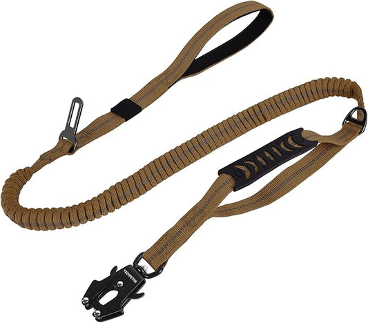 Heavy Duty Dog Leash, 4-6 Ft Shock Absorbing with Heavy-Duty Seatbelt Buckle & Dual Handles - No Bungee, for Medium to Large Dogs (Khaki)