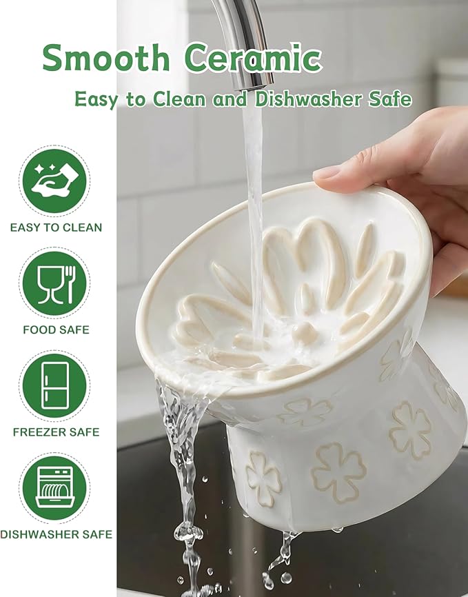 TRUVIC Ceramic Slow Feeder Cat Bowl, 15° Tilted Elevated Cat Slow Eating Bowl for Neck Protection, Anti Vomiting Dog Slow Feeder, Whisker Friendly & No Black Chin for Cats and Small Dogs, Jun Blanc