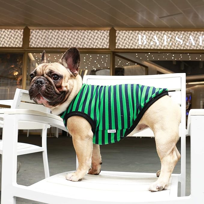 iChoue Pug 100% Breathable Cotton Striped T Shirts Halloween Vest Clothes for Medium Dogs Tank Tops Puppy French Bulldog Frenchie English Boston Terrier Pitbull Green Black Stripes - Small