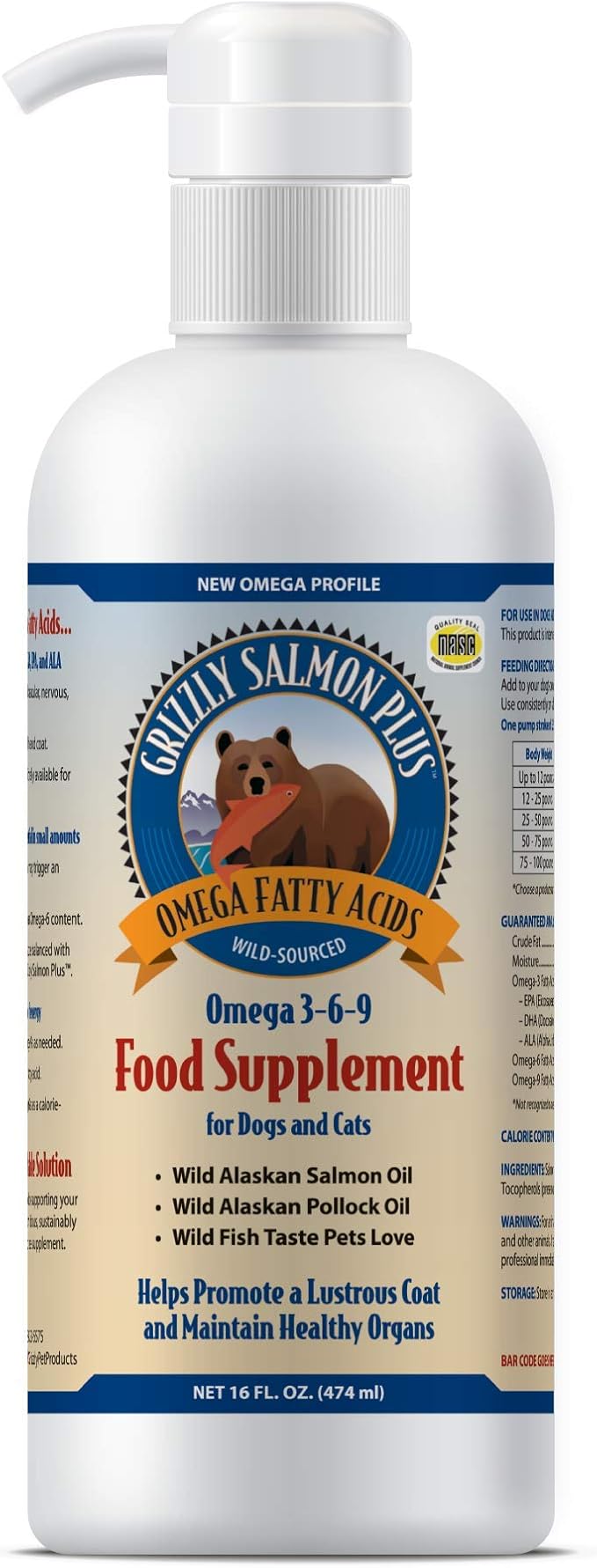 Grizzly Wild Alaskan Salmon Oil Dog Food Supplement Omega 3 Fatty Acids, 16 oz