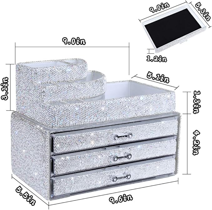 KEYPOWER Bling Rhinestone Makeup Cosmetic Jewelry Organizers Drawer & Remote control Holder(White)