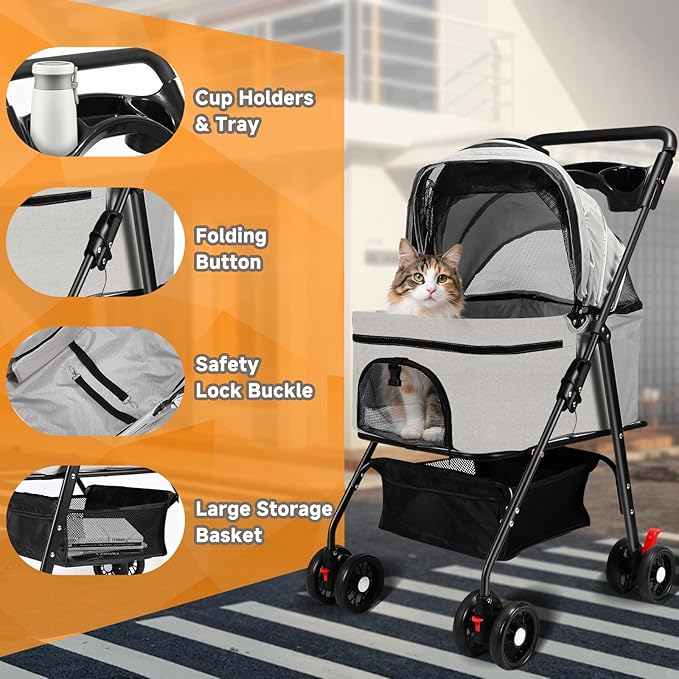 Pet Stroller for Small Dogs and Cats with 4 Wheels, Foldable Portable Dog Stroller with Detachable Carrier, Sun Shades, Storage Basket & Cup Holder, Up to 33 lbs