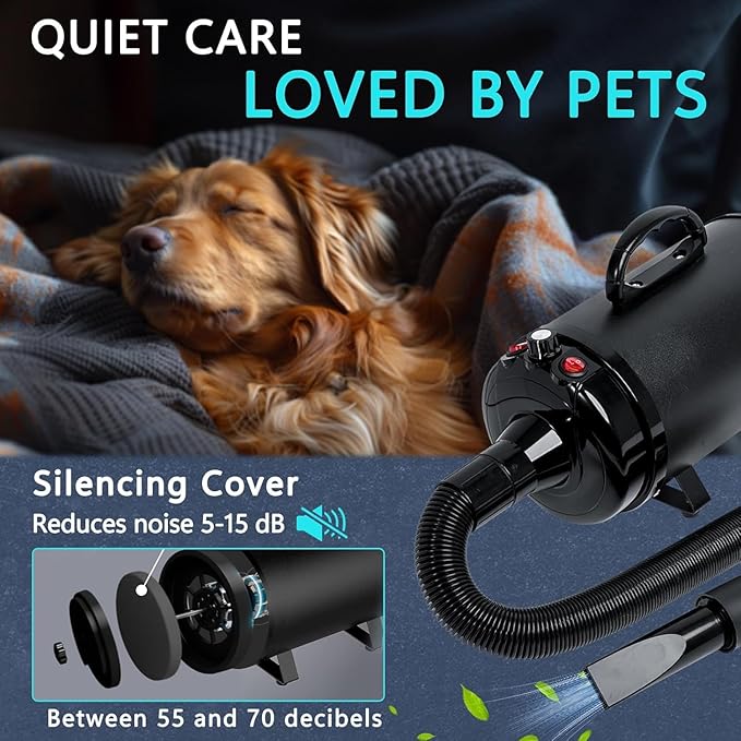 High Velocity Dog Hair Dryer 5.2HP/ 3800W Professional Dogs Blower Grooming Dryer, Adjustable Temperature and Speed Pet Dryers with 4 Nozzles and a Comb, Black