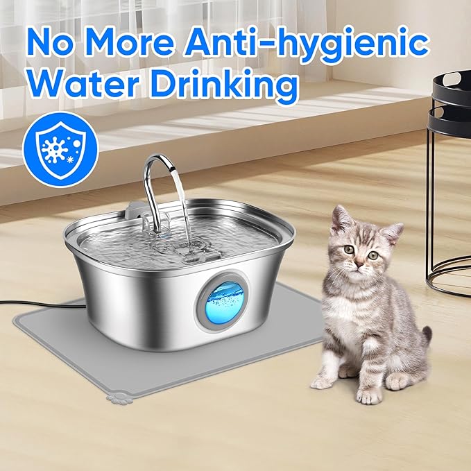 Cat Water Fountain with Water Level Window, One Set of Filter, 108oz/3.2L Pet Water Fountain for Cats/Dogs Inside, 304 Stainless Steel, Dishwasher Safe with Low Noise Pump, Filtration System