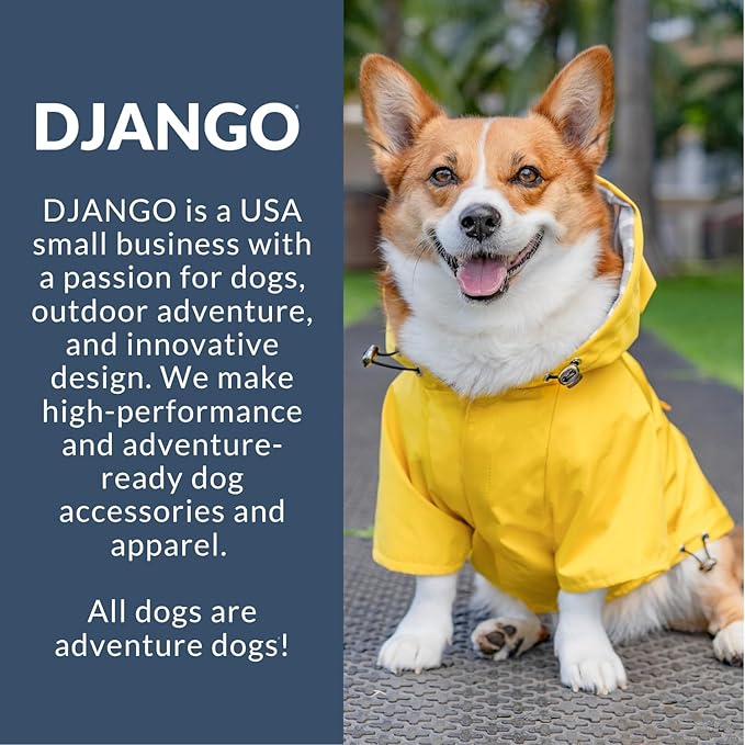 DJANGO Highland Dog Jacket & Raincoat – Water-Repellent, Lined Dog Coat with Hood, Adjustable Fit & Harness Hole – Lightweight Rain & Wind Jacket for Small & Medium Dogs up to 30 lbs (Blue, Medium)