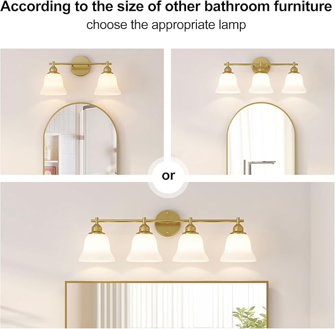 Gold Bathroom Vanity Light Over Mirror - 4 Light Wall Sconce with Frosted Glass Shades, Mid Century Farmhouse Bathroom Light Fixtures for Bedroom, Hallway (Gold Finish)