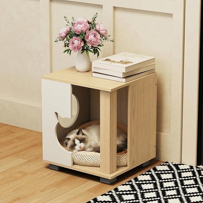 PETSITE Wooden Cat House, Indoor Cat Cave Nightstand Side End Table with Anti-Slip Robust Metal Legs, Spacious Tabletop, and Round Side Entrance, 17 x 16 x 19.5 Inches
