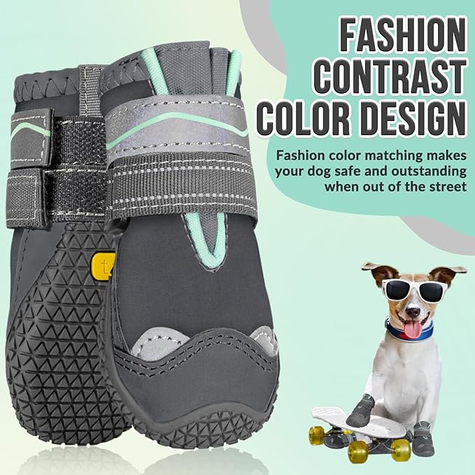 SlowTon Dog Shoes for Large Small Medium Dogs - Waterproof Dog Boots for Summer Hot Pavement, Paw Protector for Outdoor Walking Winter Snow, Anti-Slip Rubber Dog Booties for Hardwood Floor (GY, 7)