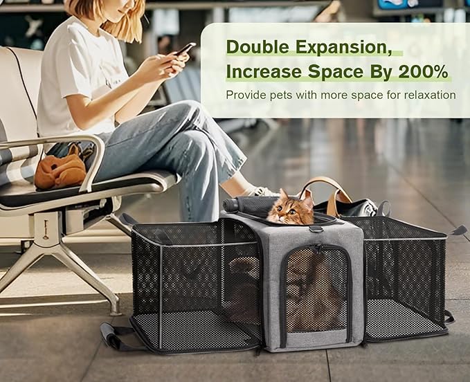 Pecute Cat Carrier Expandable, Airline Approved Cat Soft-Sided Carriers, Breathable Pet Carriers up to 5kg/12lbs, Collapsible Cat Bag Carrier Great for Travel, Outdoor, Hiking, Camping, Gray