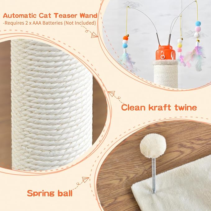 Cat Scratching Post，42.5" Tall Heavy Duty Cat Scratcher，Scratching Posts for Indoor Cats Adult with Interactive Cat Toys Automatic Teaser Wand and Rotating Hanging Balls