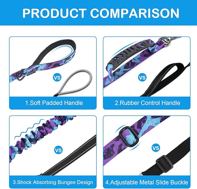 Heavy Duty Dog Leash for Medium Large Dogs That Pull,4-6FT Shock Absorbing Bungee Tactical Dog Leash with Control Padded Handle and Car Seatbelt,Reflective Lead for walking training,PurpleC