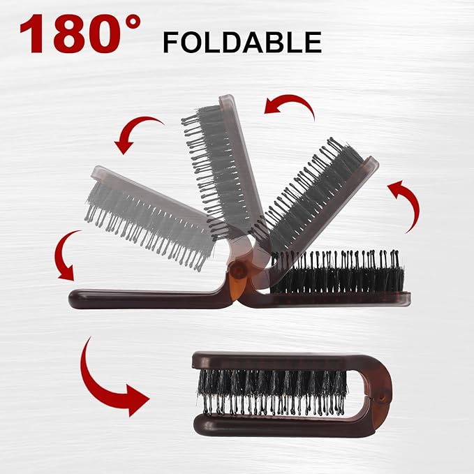 2 Pack Foldable Hair Brush Travel Hairbrush, Boar Bristle Hair Brush Portable Collapsible Pocket Comb for Women and Men, Suitable for Travel, Purse, Anti-Static Design (Amber & Light Pink)