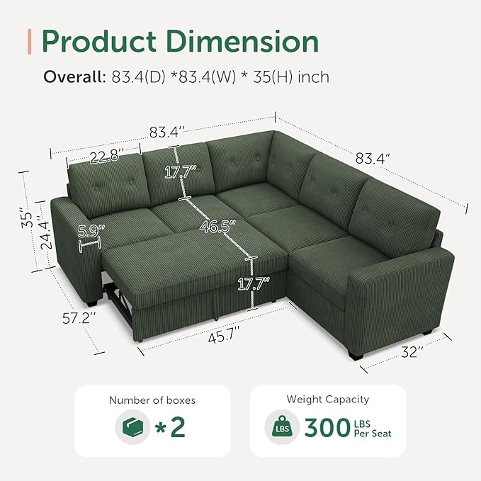 HONBAY 83.4 Inch U-Shaped Sectional Sleeper Sofa with Pull-Out Bed, 5-Seater Sectional Sofa for Living Room, Pet-Resistant Corduroy Couch, Green