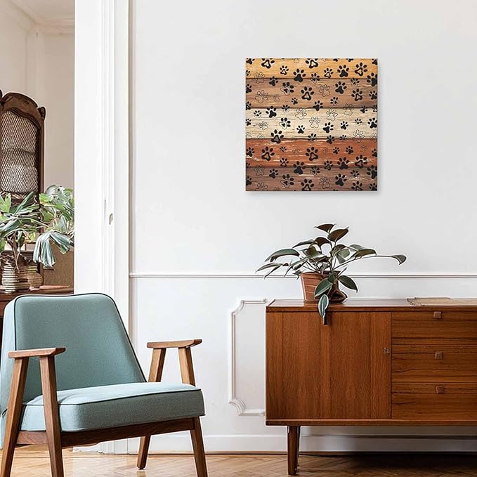 Framed Canvas Wall Art for Living Room Dog Paw Print Wall Decor, Retro Brown Orange Wood Grain Aesthetic Paintings for Bedroom Office Kitchen Bathroom, Ready to Hang Artwork Wall Pictures 24x24 Inch
