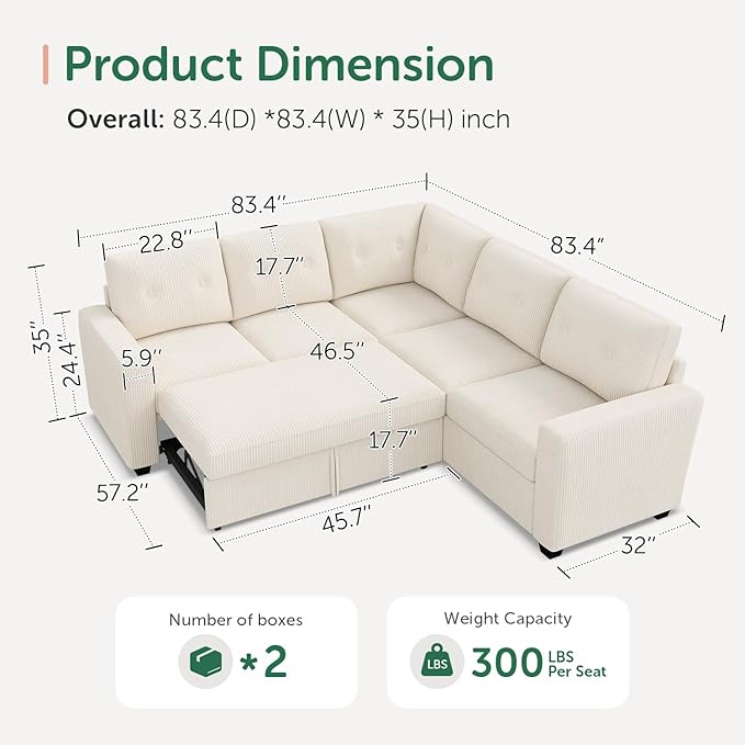 HONBAY 83.4 Inch U-Shaped Sectional Sleeper Sofa with Pull-Out Bed, 5-Seater Sectional Sofa for Living Room, Pet-Resistant Corduroy Couch, Beige