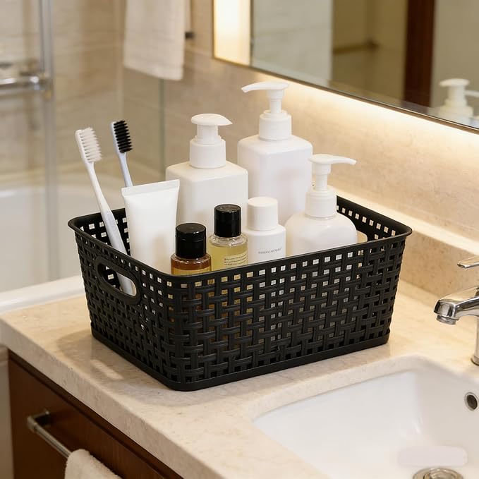 Plastic Storage Baskets, 4 Pack, Gray, Durable, Easy to Use, 11.49" x 8.89" x 4.52", Multi-Purpose, Ideal for Closets, Cabinets, Shelves, Countertops