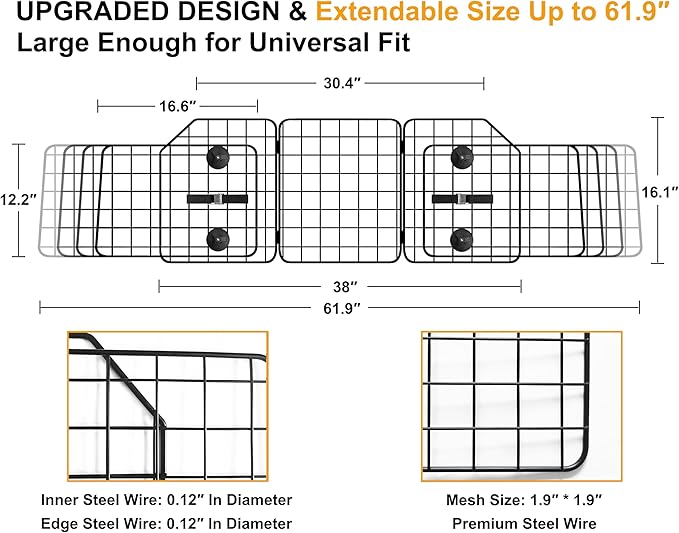 Dog Car Barrier for SUVs, Van, Vehicles, Adjustable Large Pet Barriers, Universal Fit Heavy-Duty Wire Mesh Dog Guard, Foldable Safety Car Divider Gate for Truck Cargo Area