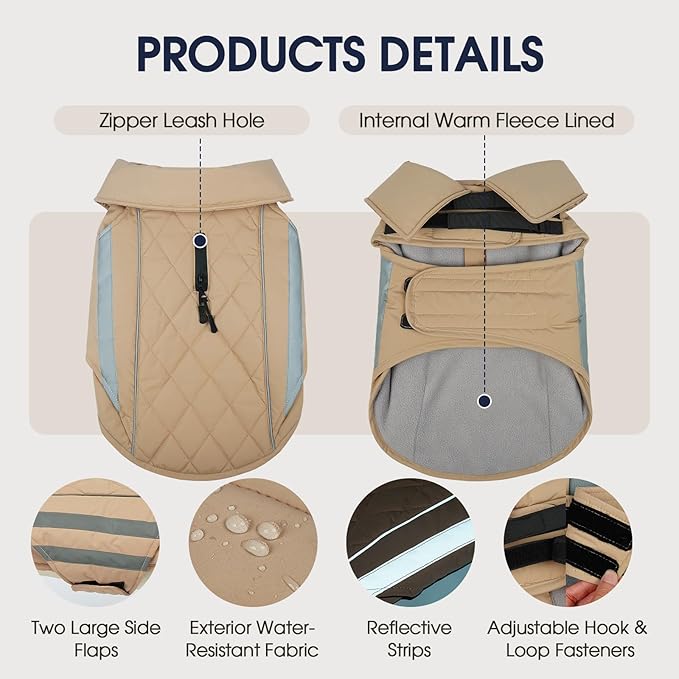 IECOii Dog Coat Waterproof - Adjustable Outdoor Dogs Cold Weather Coats & Reflective Winter Jacket with Cozy Fleece Lining, Hunting Vest Jackets for Small Dogs, Rainy, Snowy, Khaki, Sizes M