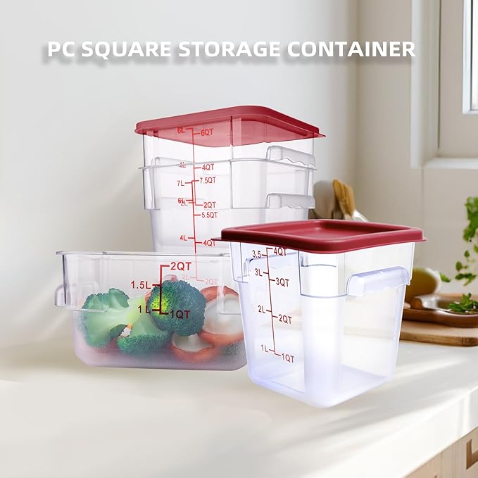 2 Pack Square Food Storage Container With Lid, 2-6 Quart Commercial Storage Box With Scale & Handle, Cake Making, Dough Marinating Meat, Kitchen Supplies (6 Quart)