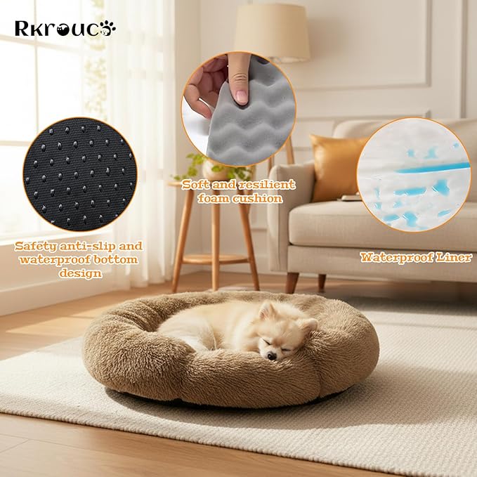 Fluffy Dog Bed Calming Donut Beds for Large Dogs Warming Round Small Medium Pet Nest Cozy Cat Mattress Indoor Washable Puppy Kennel Kittens Sleep Mat (L, 35.4×35.4 inch, Light Brown)