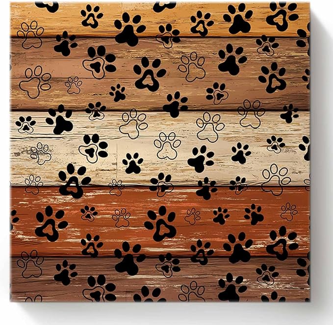 Framed Canvas Wall Art for Living Room Dog Paw Print Wall Decor, Retro Brown Orange Wood Grain Aesthetic Paintings for Bedroom Office Kitchen Bathroom, Ready to Hang Artwork Wall Pictures 16x16 Inch