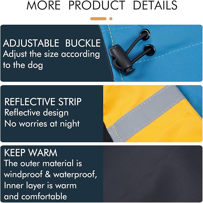 Windproof Dog Winter Jackets - Outdoor Coats for Cold Weather, Waterproof Raincoats with Leash Hole, Black, Blue L