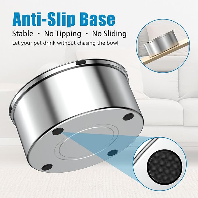 No-Spill Dog Water Bowl — 3L Stainless Steel, Floating Disk, Anti-Splash (Light Gray)