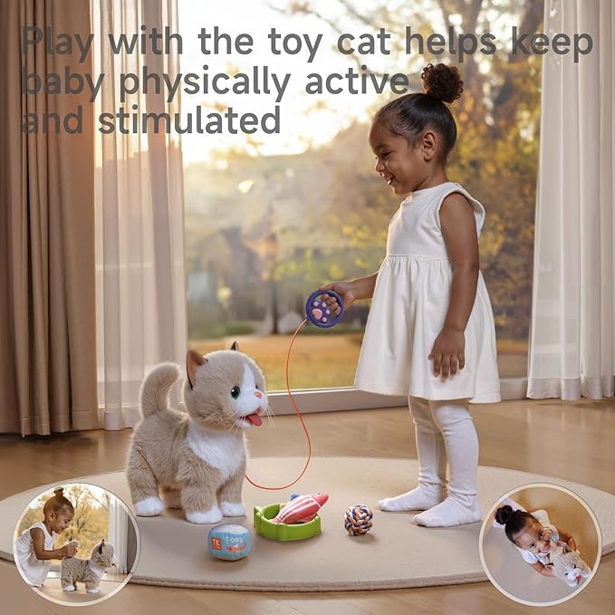 TUMAMA Walking Talking Cat Set Interactive Talking Cat, Interactive Electronic Cat Plush Toy with Leash, Wag Tail, Meows, Pretend Dress Up Realistic Stuffed Cat Age 3 4 5+ Years Old Best Gift