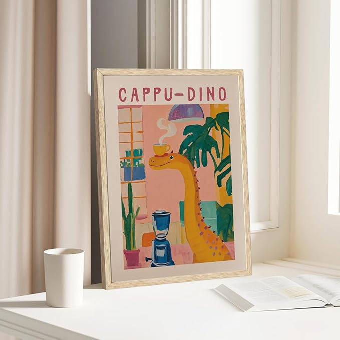 XJYISUO Framed Wall Art Trendy Coffee Wall Decor Whimsical Cappu-Dino Canvas Art Retro Dinosaur Coffee Pictures Funny Dopamine Paintings Funky Artwork For Kitchen Coffee Bar Living Room