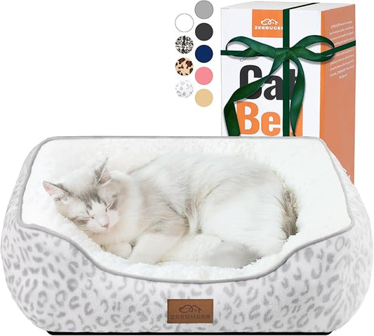 Rectangle Cat Dog Bed for Large Medium Small Pets Indoor Outdoor Machine Washable Sleeping Sofa Non-Slip Bottom Soft Puppy Bed Durable Orthopedic Calming Pet Cuddler (Small, White Leopard)
