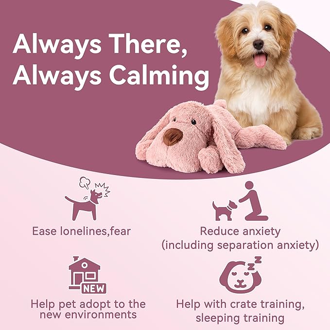 Heartbeat Puppy Toy Dog Heartbeat Toy for Anxiety Relief and Calming Aid, Heartbeat Stuffed Animal for Comfort Sleep Aid Crate Training Cuddle, Pink