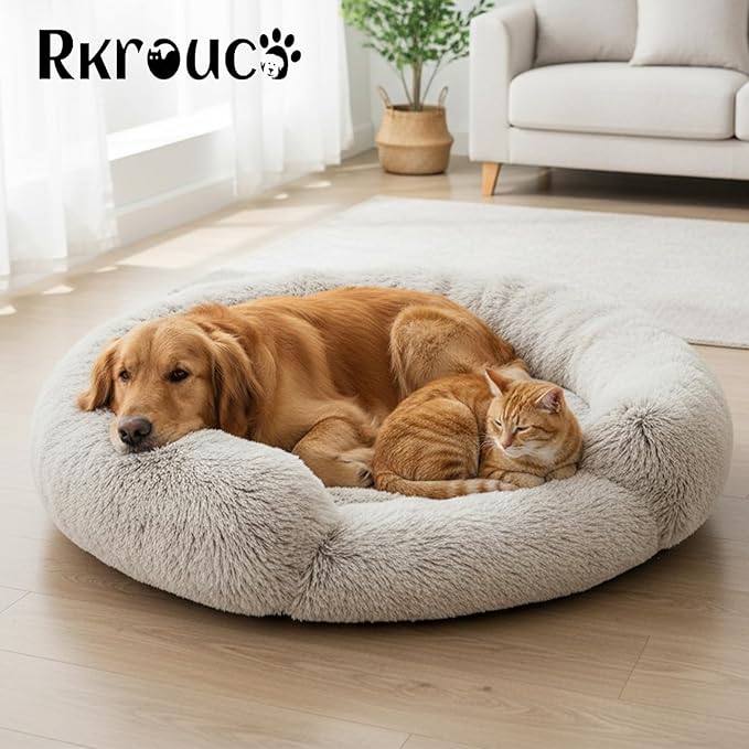 Fluffy Dog Bed Calming Donut Beds for Large Dogs Warming Round Small Medium Pet Nest Cozy Cat Mattress Indoor Washable Puppy Kennel Kittens Sleep Mat (XL, 43.3×43.3 inch, Gradient Gray)
