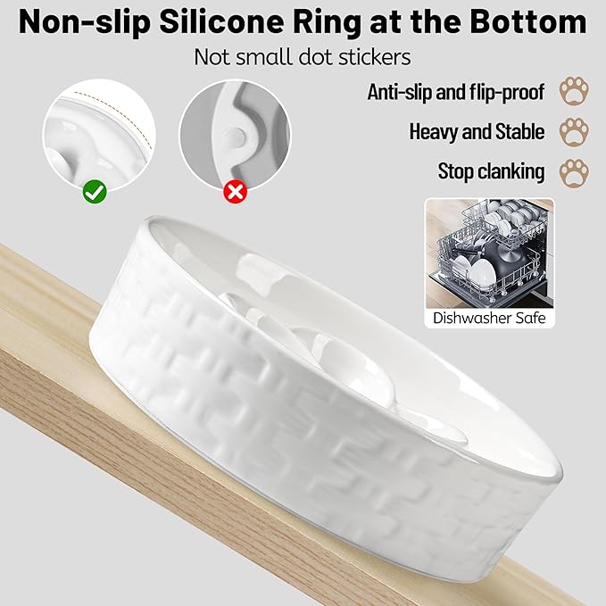Slow Feeder Dog Bowls, Non Slip Ceramic Dog Bowl with Silicone Base, Slow Eating and Water Drinking Bowls, Heavy Food Bowl for Medium and Large Breed(White, 8")