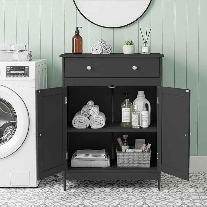 Karl home Black Floor Storage Cabinet, Freestanding Storage Unit with 2 Doors, Thin Toilet Organizer for Small Spaces，for Entryway, Bathroom